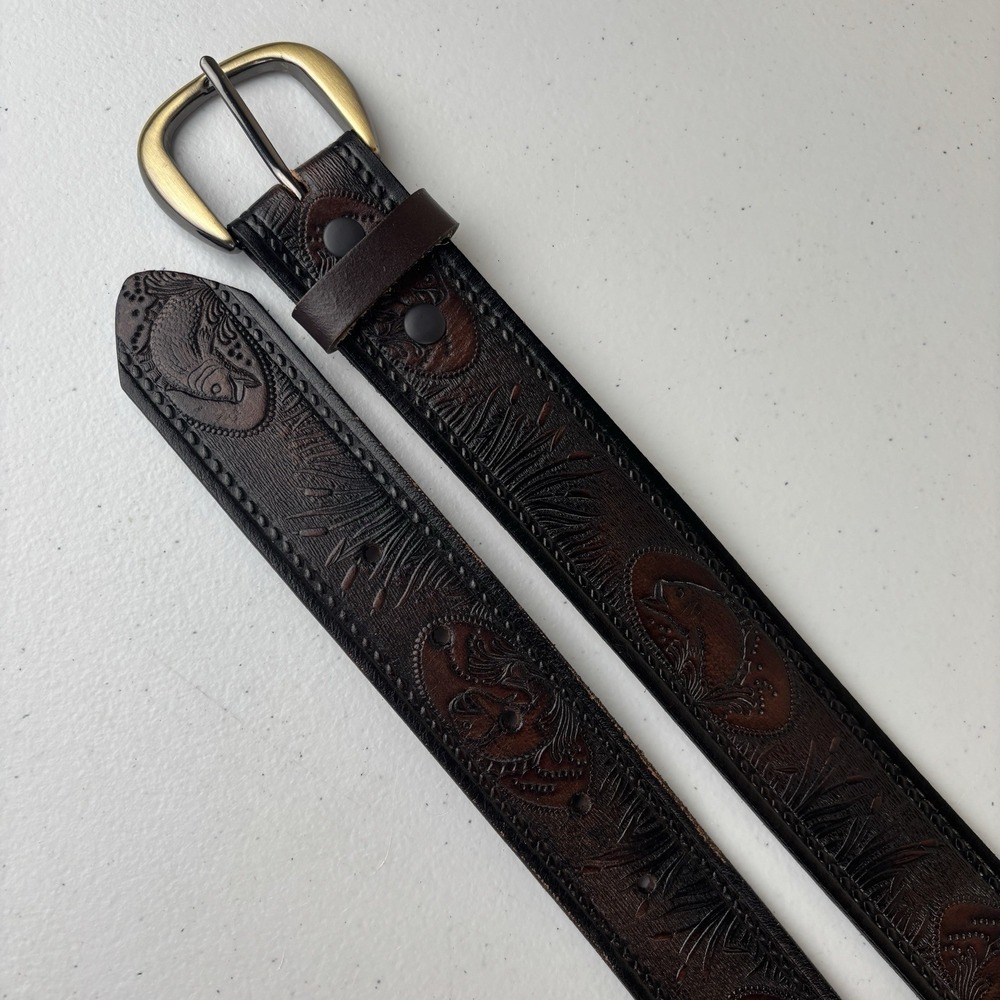 Leather Fishing Belt Sz 38 Bass Fisherman Tooled Brown Leather Removable Buckle